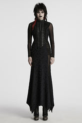 Black Stand Collar Long Sleeves Stitching Mesh Ripped Women's Punk Fishtailed Dress